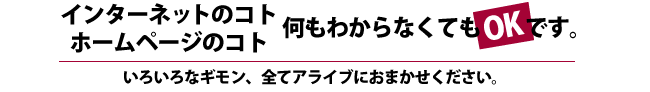 インターネットのコト、ホームページのコト、何もわからなくてもOKです。全てアライブにおまかせください。